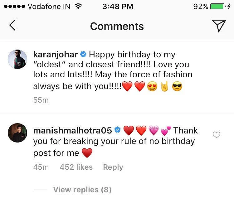 Karan and Manish comments on Karan’s picture 
