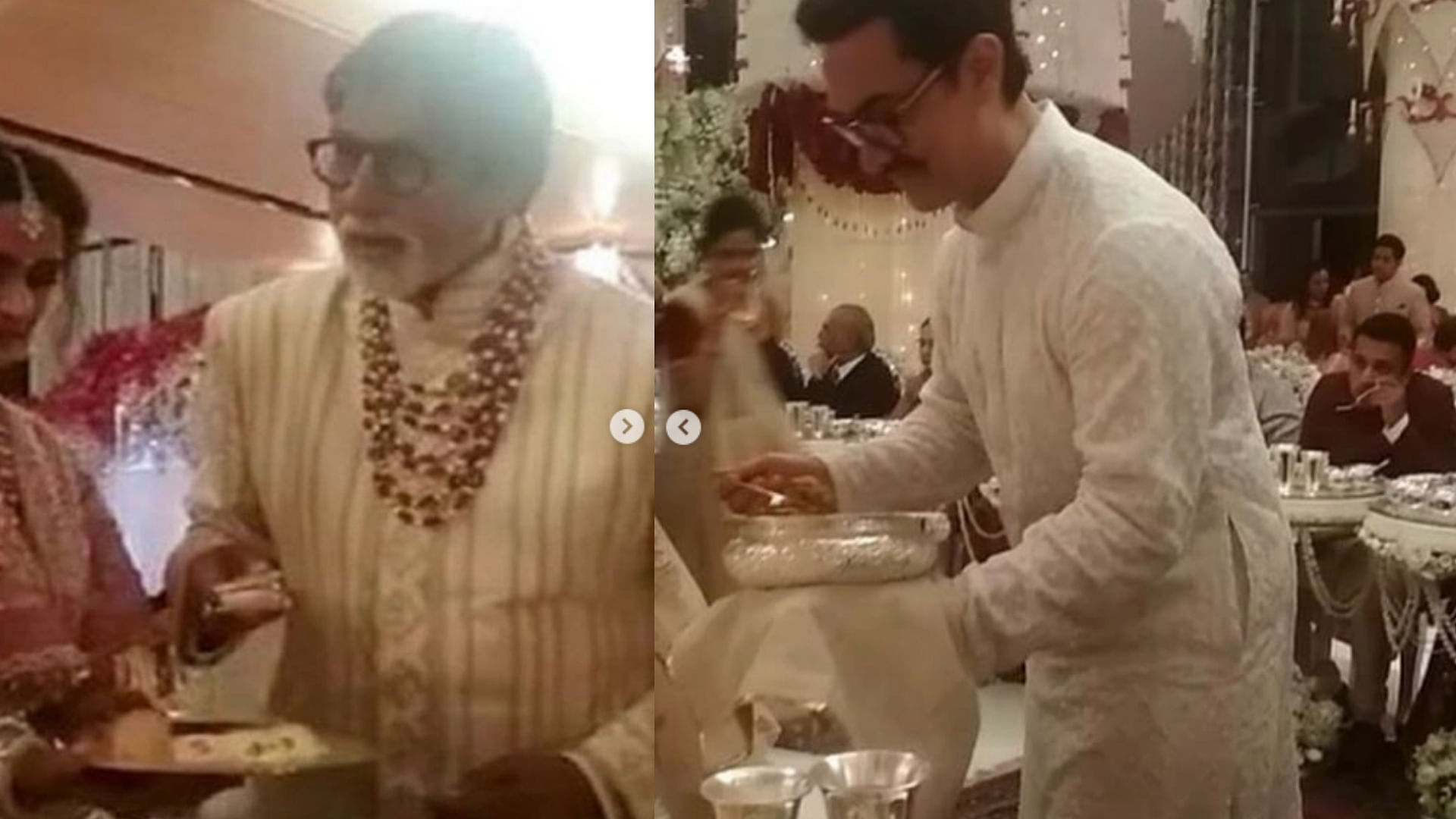 Amitabh Bachchan and Aamir Khan seen serving food to guests at the Ambani-Piramal wedding.