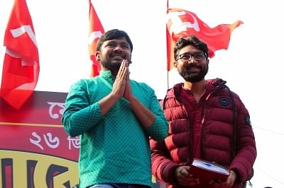 Kolkata: Former JNU Students Union leader Kanhaiya Kumar and Gujarat Dalit leader Jignesh Mevani during a rally organised to mark the 94th foundation day of the party in Kolkata, on Dec 26, 2018. (Photo: Kuntal Chakrabarty/IANS)