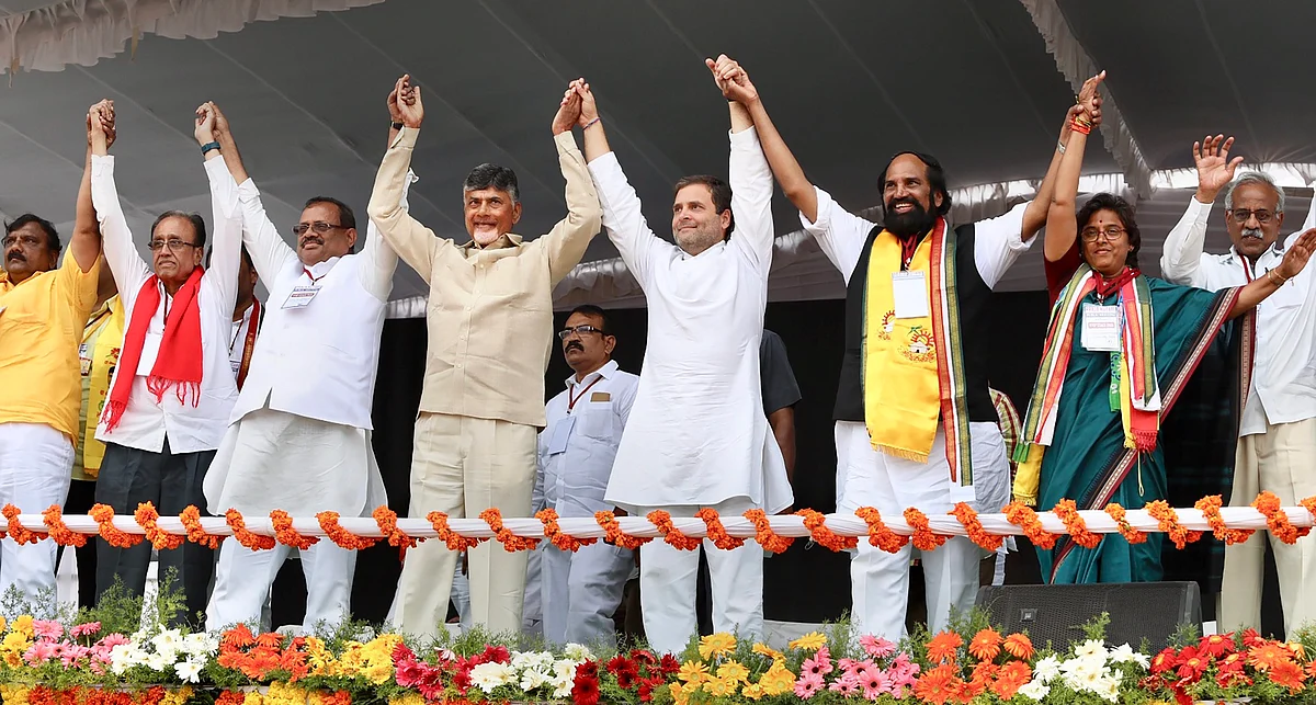 Congress President Rahul Gandhi with Andhra Pradesh CM Chandrababu Naidu during a public meeting in poll-bound Telangana in December 2018.