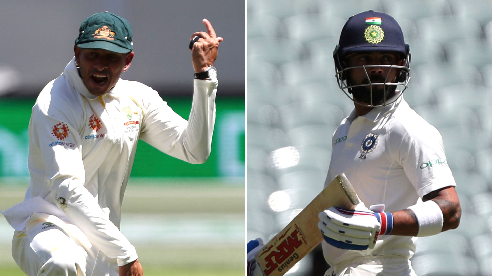 Australia’s Usman Khawaja (left) celebrates after taking a catch to dismiss India’s Virat Kohli (right) during the first cricket Test between Australia and India.