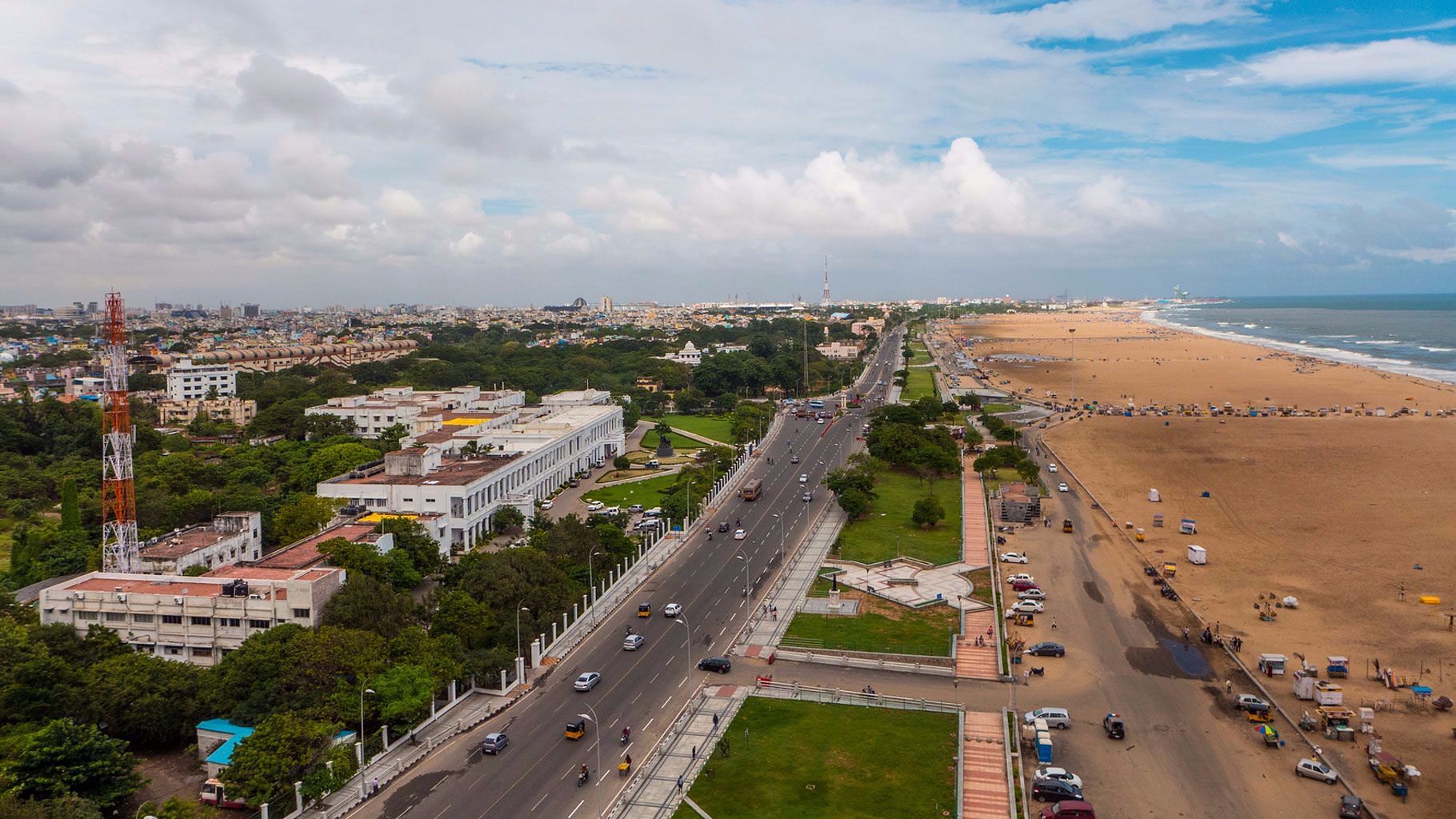 Aerial view of Chennai’s Marina Beach.&nbsp;
