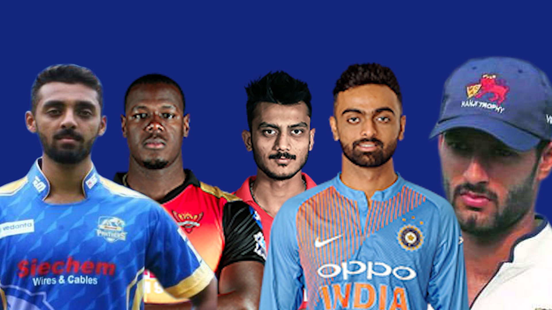 (L-R) Varun Chakravarthy, Carlos Brathwaite, Axar Patel, Jaydev Unadkat, Shivam Dube: Five of the top-10 buys at the IPL 2019 Auction.