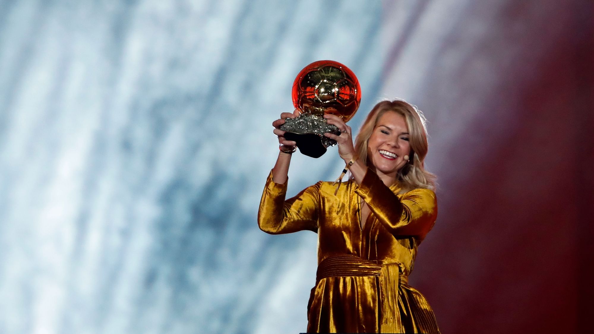 Norway’s Ada Hegerberg celebrates with the Women’s Ballon d’Or award during the Golden Ball award ceremony at the Grand Palais in Paris on Monday, December 3, 2018.