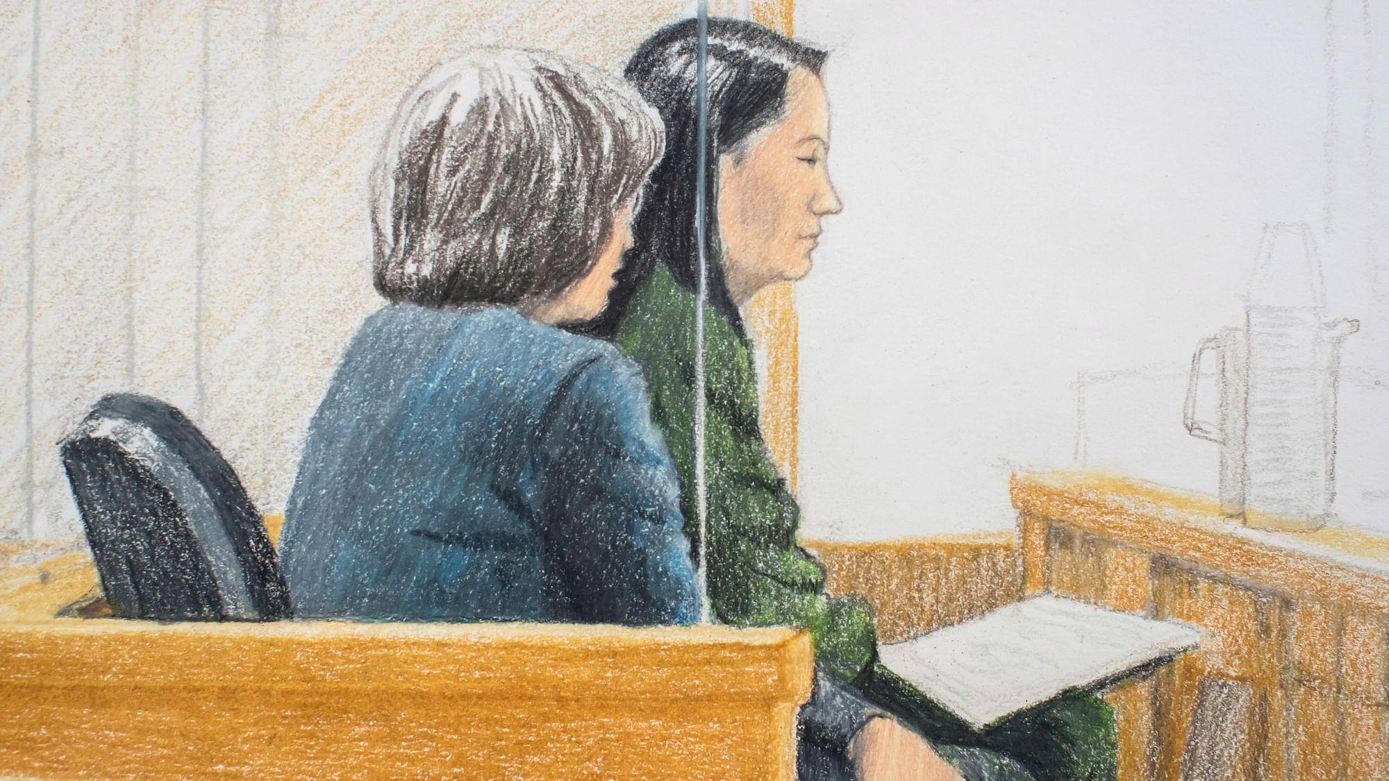 In this courtroom sketch, Meng Wanzhou (right) the chief financial officer of Huawei Technologies, sits beside a translator during a bail hearing at British Columbia Supreme Court in Vancouver.