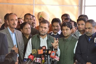 New Delhi: Congress president Rahul Gandhi accompanied by party leaders Ghulam Nabi Azad, Ahmed Patel and Jyotiraditya Scindia talks to the media at Parliament in New Delhi on Dec 18, 2018. (Photo: IANS)