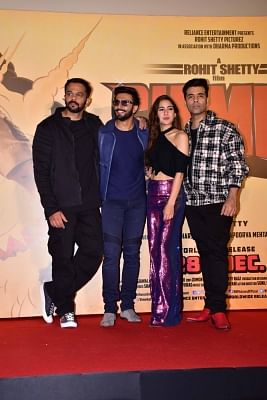 Mumbai: Director Rohit Shetty and producer Karan Johar with actors Ranveer Singh and Sara Ali Khan at the trailer launch of their upcoming film "Simmba" in Mumbai, on Dec 3, 2018. (Photo: IANS)