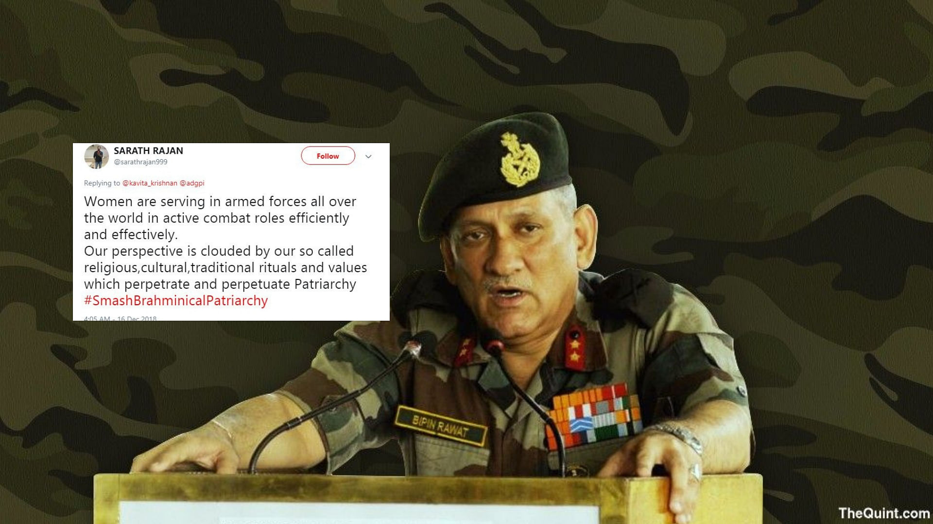 Army Chief General Bipin Rawat triggered a number of citizens’ outrage after he defended the decision to not allow women on the front lines of the Indian army’s operations