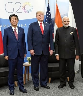 Buenos Aires: Prime Minister Narendra Modi, the President of United States of America Donald Trump and the Prime Minister of Japan Shinzo Abe hold first ever trilateral meeting, on the sidelines of the G-20 Summit, in Buenos Aires, Argentina on Nov 30, 2018. (Photo: IANS/PIB)