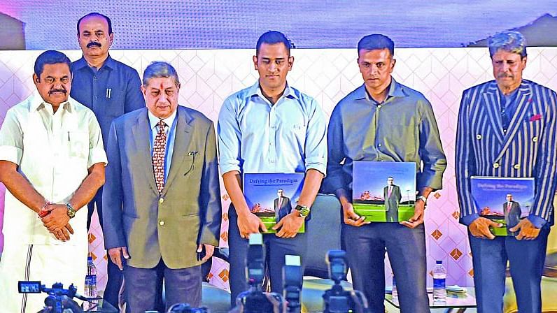 Tamil Nadu chief minister Edappadi K Palaniswami (left to right), managing director of India Cements N Srinivasan, MS Dhoni, Rahul Dravid and Kapil Dev during the launch of a N Srinivasan’s coffee table book.