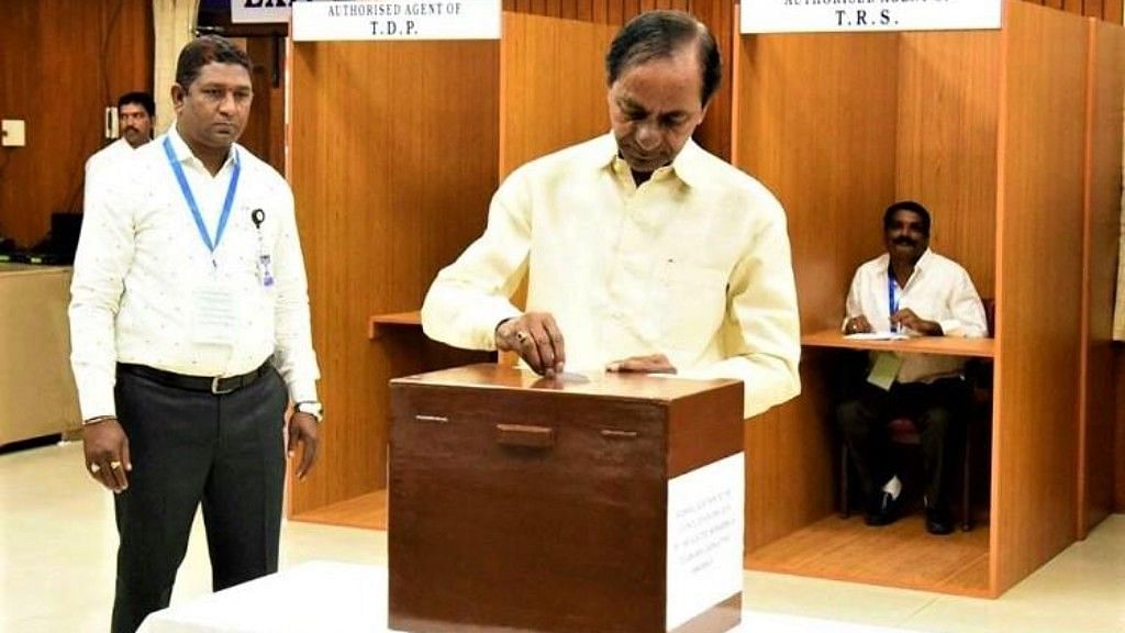 Telangana Chief Minister K Chandrasekhar Rao casts his vote during the Rajya Sabha elections in state Assembly in Hyderabad on 23 March 2018.&nbsp;