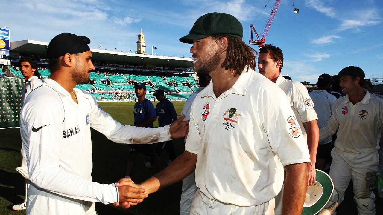 Harbhajan Singh and Andrew Symonds shaking hands after the controversial Sydney Test of 2008.