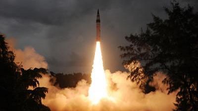 File photo of the state-of-the-art Agni-V ballistic missile being test-fired on 3 June 2018.