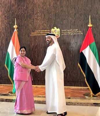 Abu Dhabi: External Affairs Minister Sushma Swaraj meets Foreign Minister of UAE, Sheikh Abdullah bin Zayed Al Nahyan ahead of the 12th India-UAE Joint Commission Meeting in in Abu Dhabi, UAE on Dec 4, 2018. (Photo: IANS/MEA)