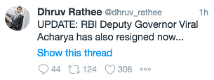 Reports of Viral Acharya’s resignation as RBI Deputy Governor started doing rounds on social media.