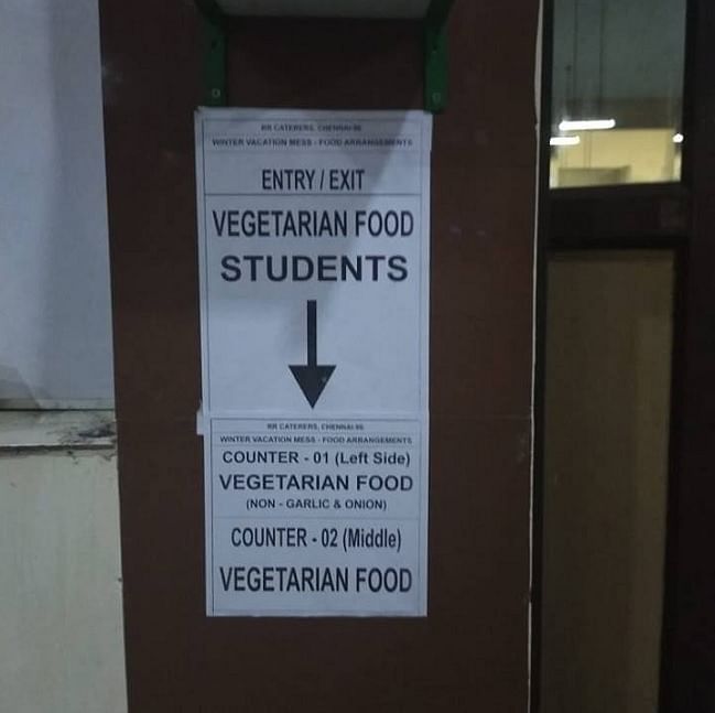 Students allege that one of the eating facilities have separate entrances, wash-basins, for veg & non-veg students.