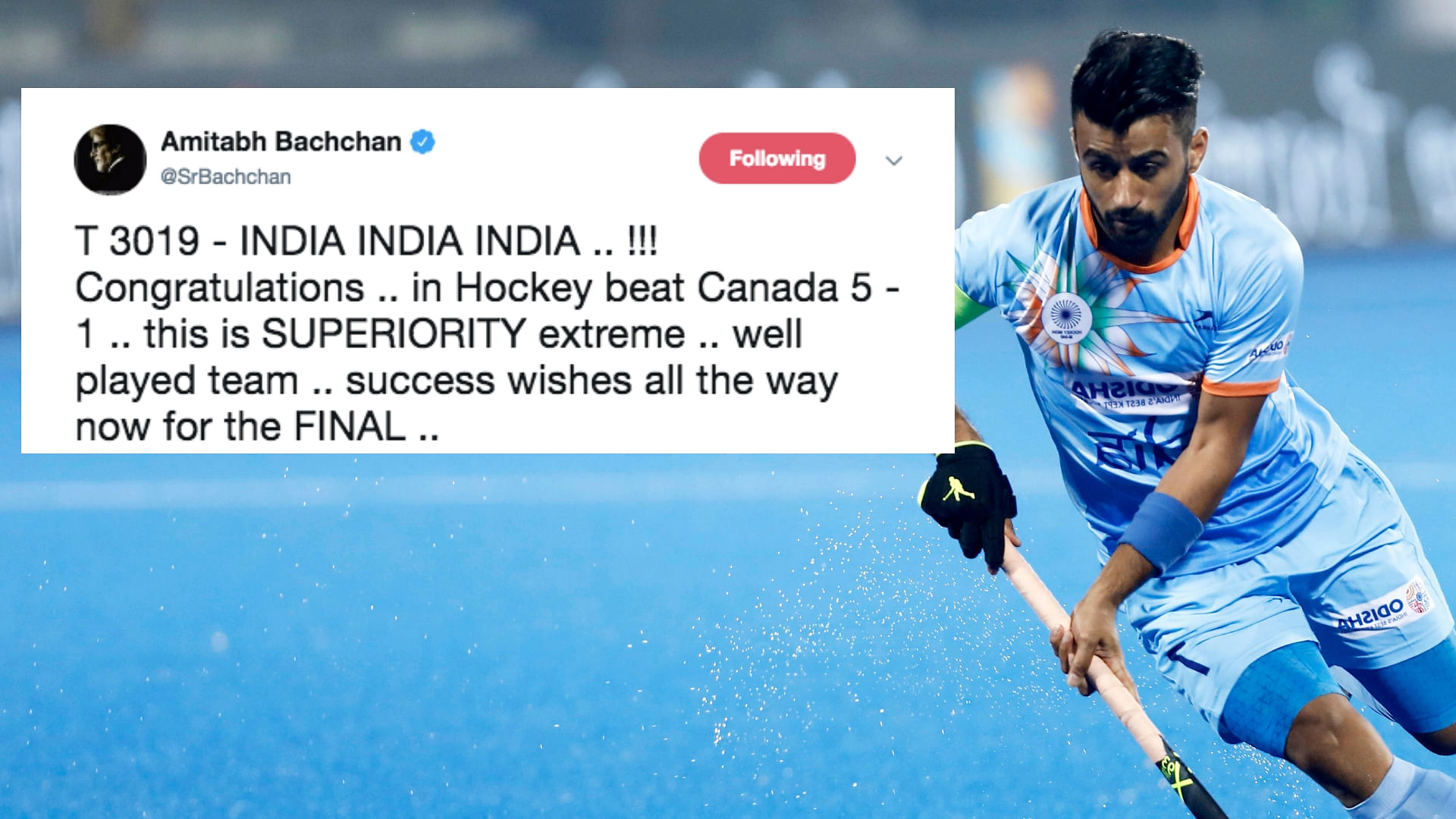 Bollywood star Amitabh Bachchan lauded Indian men’s hockey team’s performance at the World Cup.