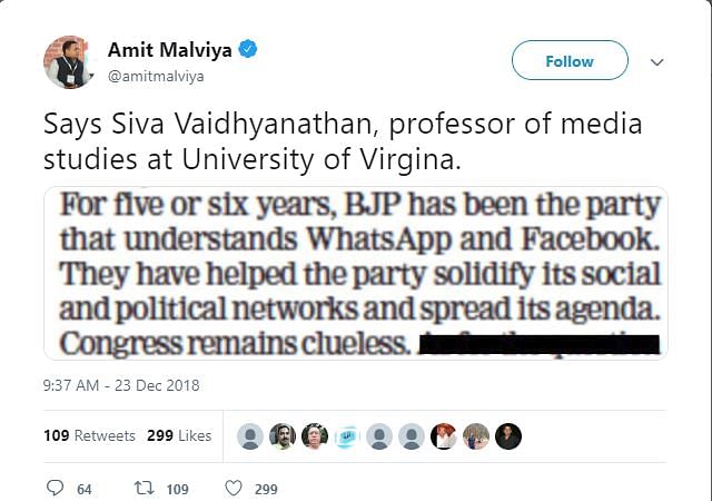 Amit Malviya quoted Siva Vaidyanathan, a Virginia university professor, out of context.