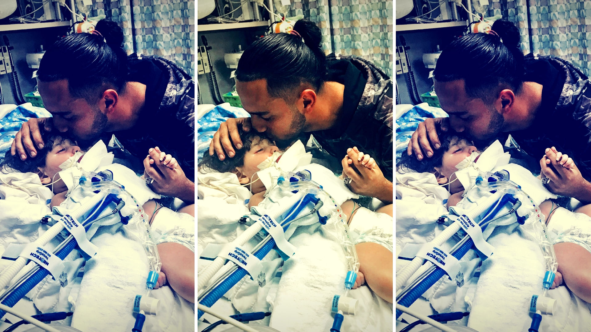 Ali Hassan, Shaima Swileh’s husband kisses his 2-year-old son, who is on life support.