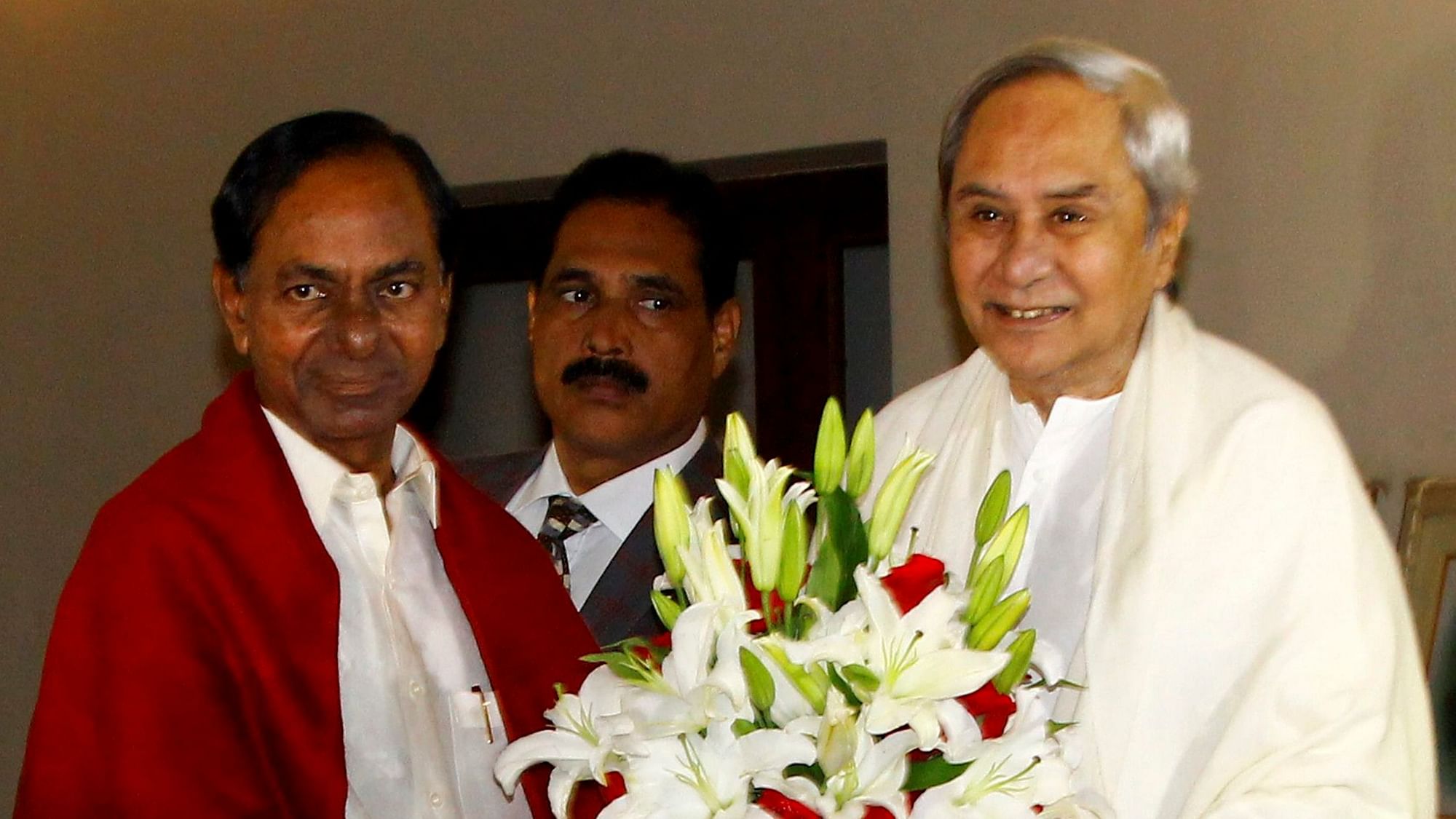 Odisha Chief Minister Naveen Patnaik greets Telangana Chief Minister and TRS supremo K Chandrasekhar Rao in Bhubaneswar.