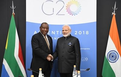 Buenos Aires: Prime Minister Narendra Modi meets South Africa President Cyril Ramaphosa, on the sidelines of the G20 Summit, in Buenos Aires, Argentina on Dec 1, 2018. (Photo: IANS/PIB)