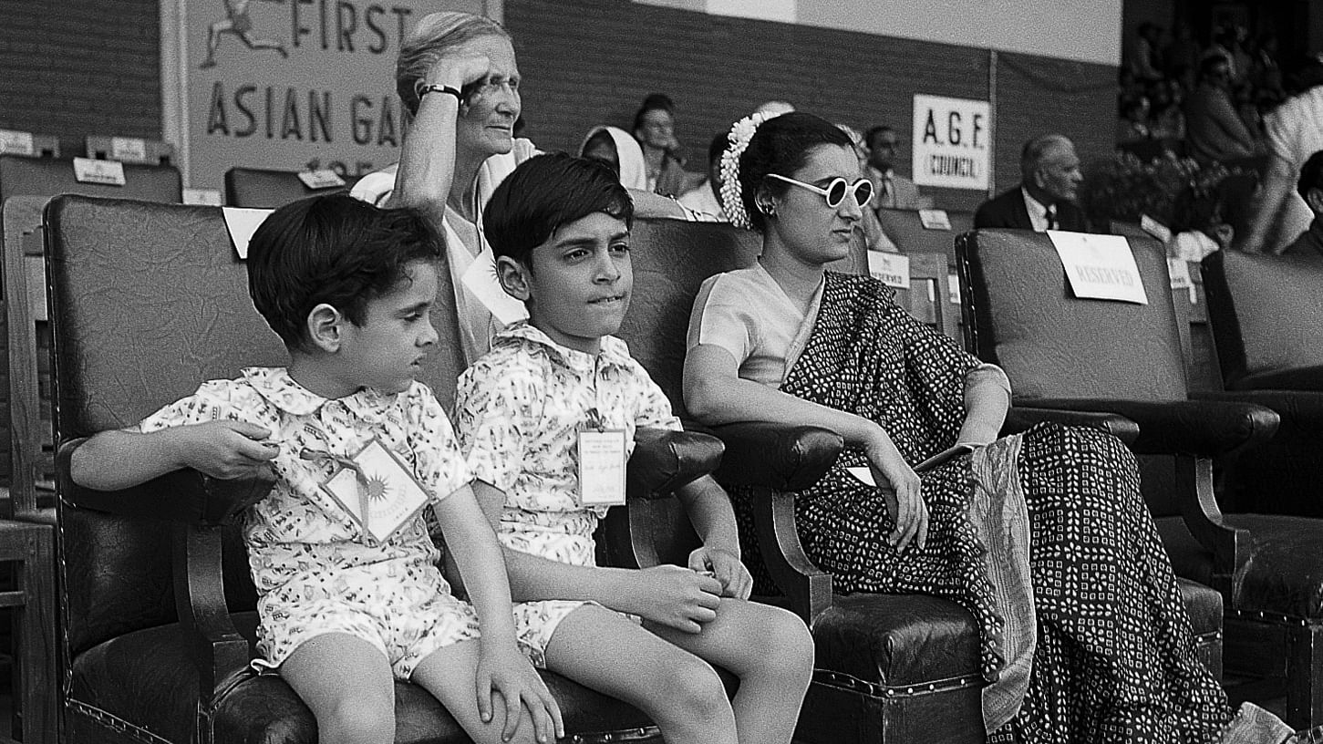 Indira Gandhi with Rajiv and Sanjay at the first Asian Games at the National Stadium. Delhi, 1951&nbsp;