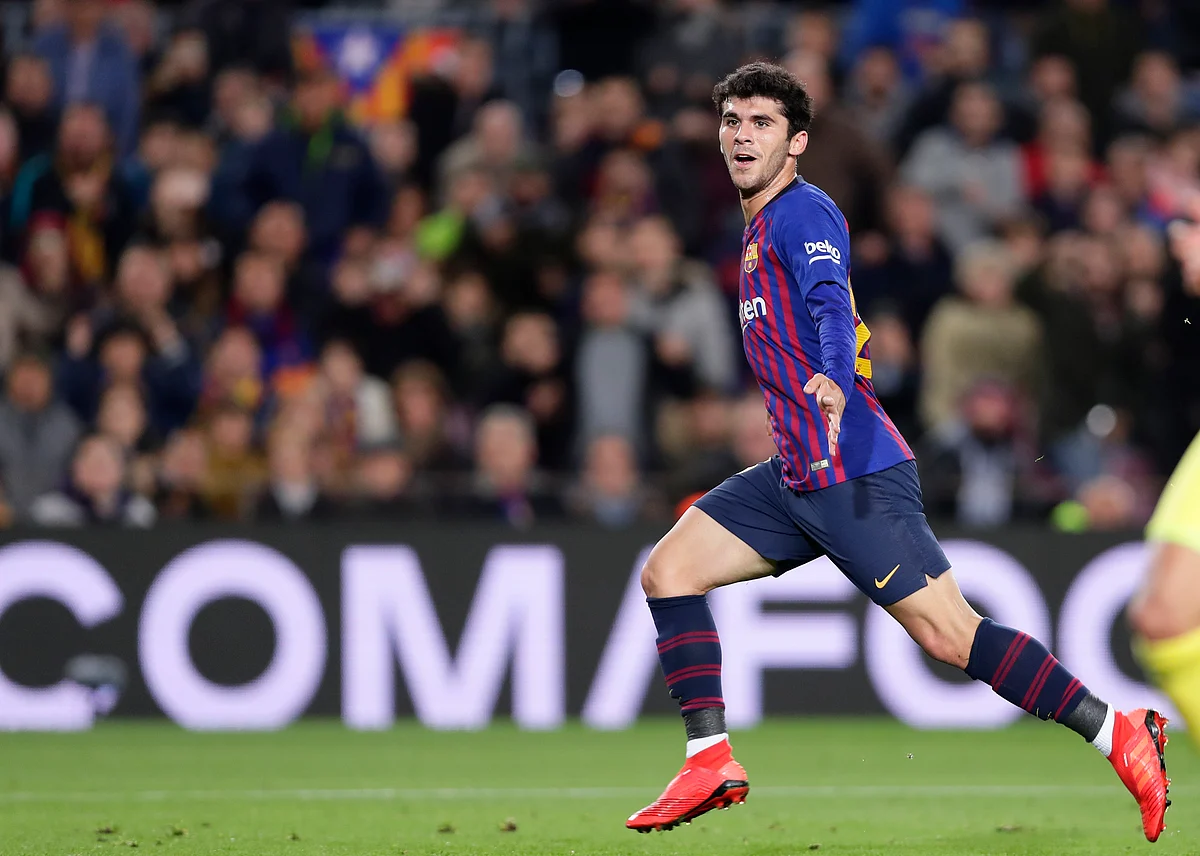 FC Barcelona’s Carlos Alena celebrates after scoring his side’s second goal during the Spanish La Liga soccer match between FC Barcelona and Villarreal.
