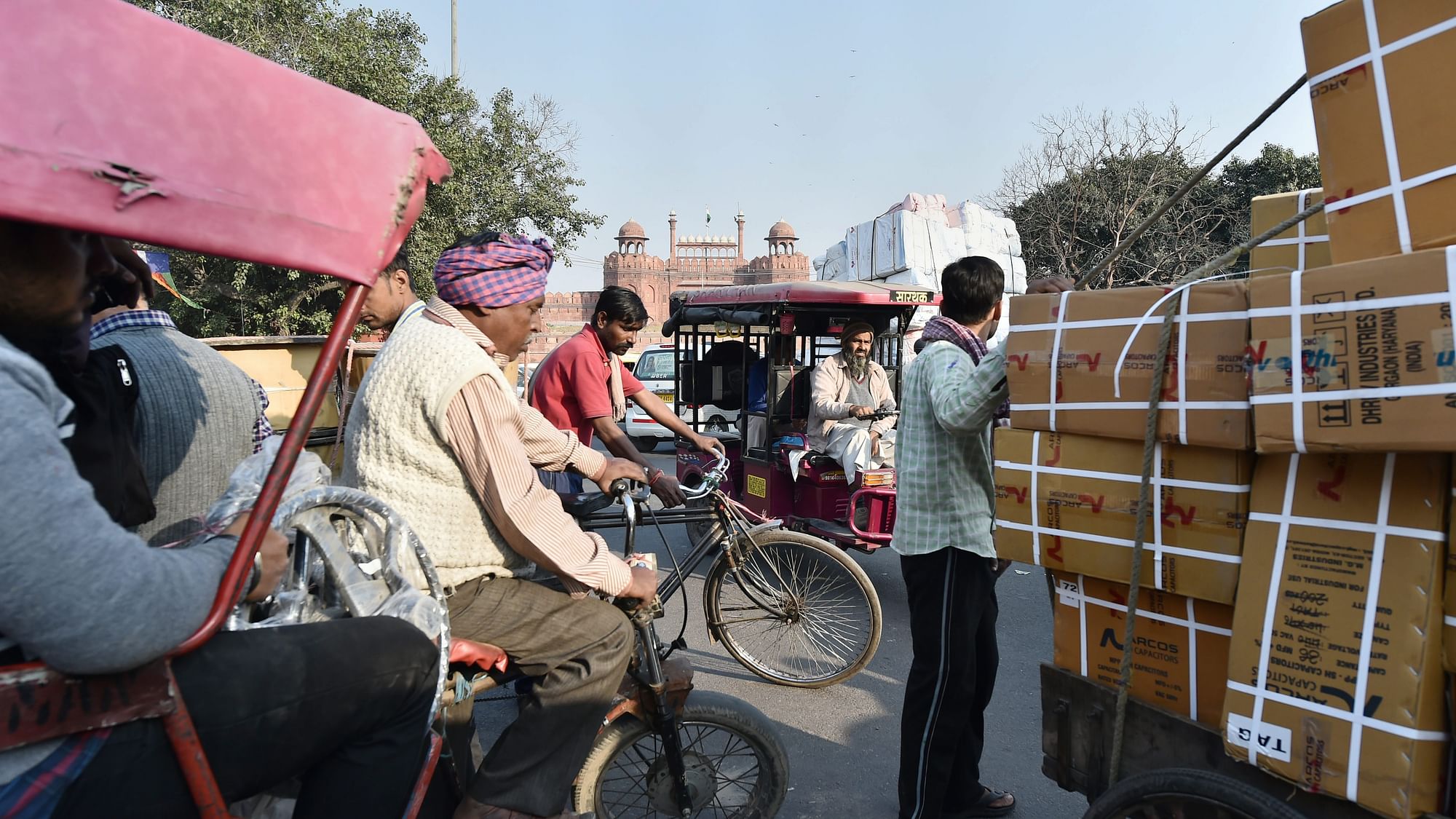 Rickshaw pullers in front of Red Fort in Old Delhi, Saturday. Image used for representational purposes.