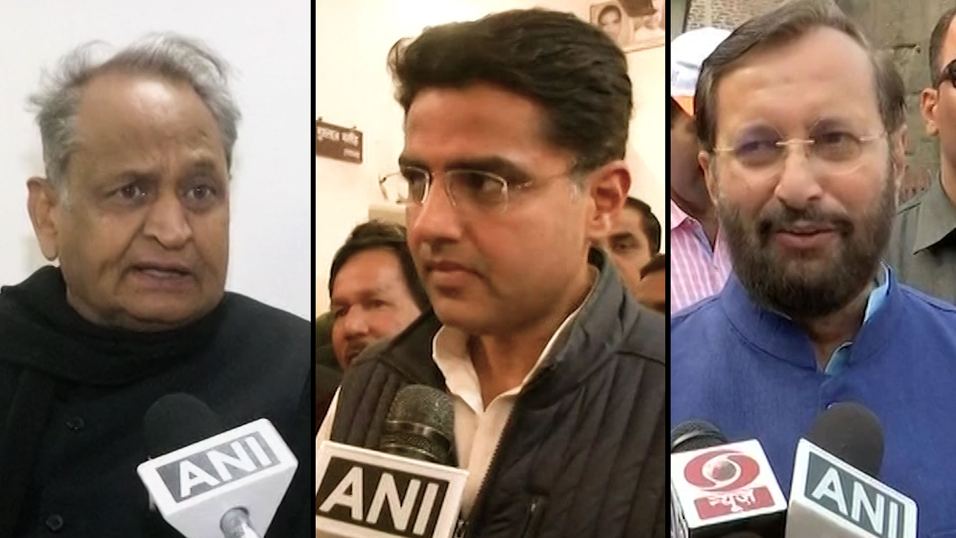 Congress’ Ashok Gehlot (Left) and Sachin Pilot (Centre) rejoiced at the exit poll projections while Union Minister Prakash Javadekar (Right) said that he would rather wait for “exact poll” results on 11 December.