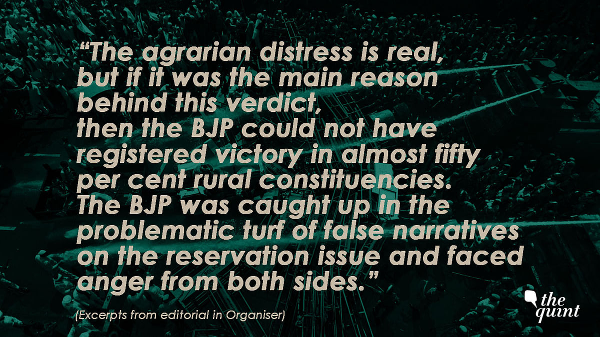 An editorial in the RSS mouthpiece Organiser claims the agrarian challenge didn’t affect BJP’s poll performance.