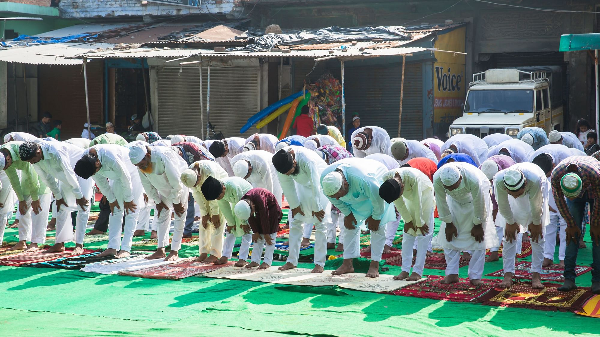 Large group of people praying Namaz on Eil-al-adha, on the street. Image used for representation.
