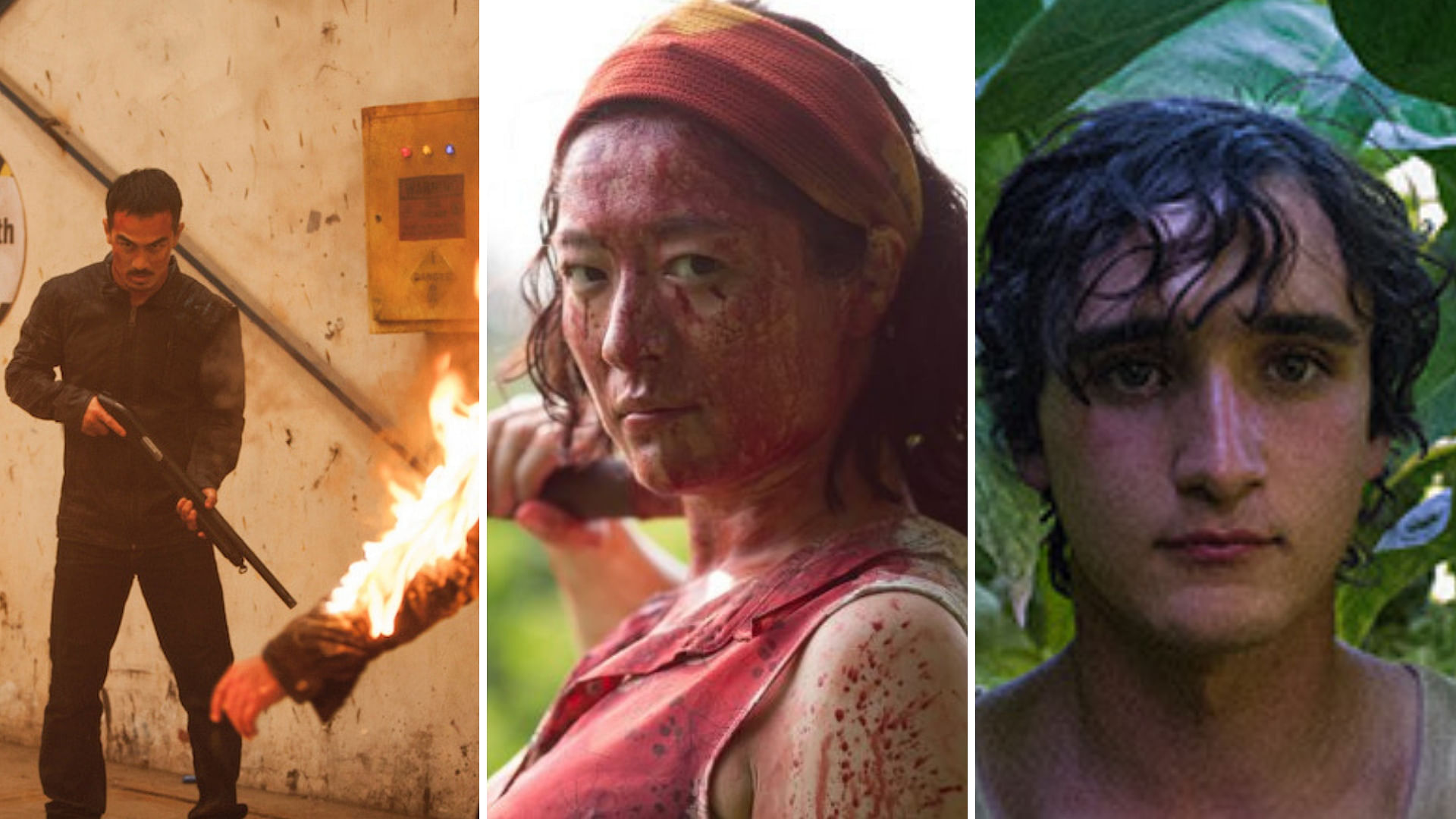 Stills from <i>The</i> <i>Night Comes for Us, One Cut of the Dead,</i> and<i> Happy as Lazarro </i>(L-R)<i>. </i>