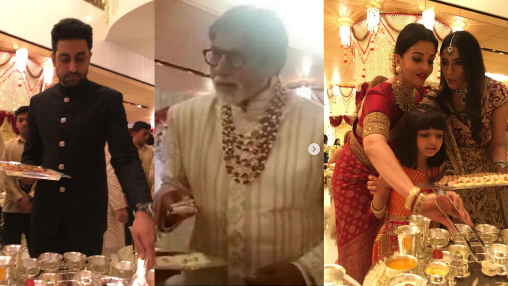 Abhishek, Amitabh and Aishwarya Rai Bachchan were seen serving food to guests at the Isha Ambani wedding.