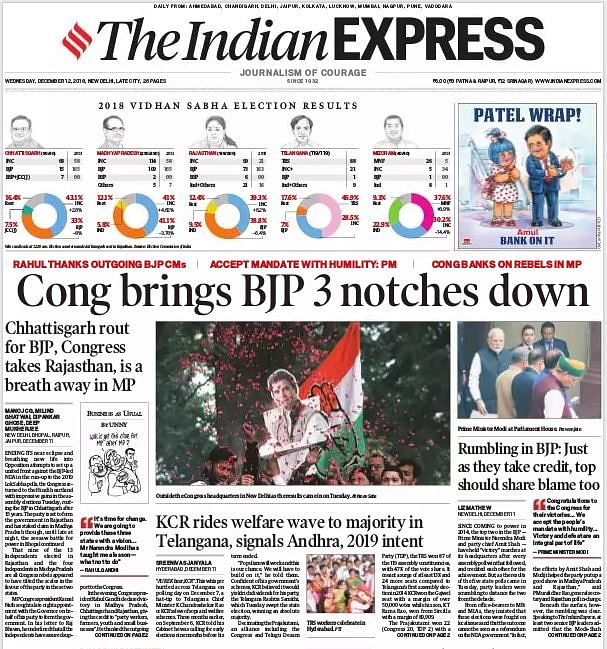 Here’s how the front pages of India’s top dailies looked after the Congress won three state Assembly elections.