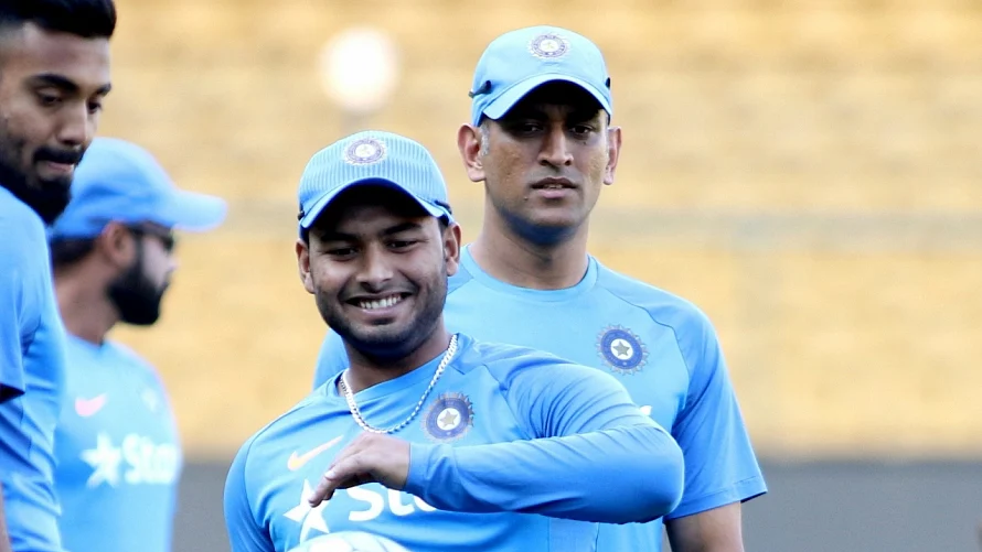 File photo of Rishabh Pant and MS Dhoni at an India practice session.