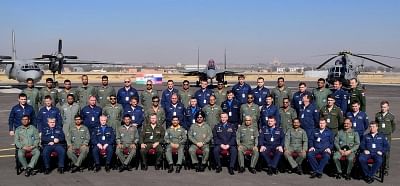 Jodhpur: IAF chief  Air Chief Marshal B.S. Dhanoa in a group photograph with the IAF and Russian Federation Aerospace Force (RFASF) contingents participating in Ex AVIAINDRA-18, at Air Force Station Jodhpur, in Rajasthan on Dec 19, 2018. (Photo: IANS)