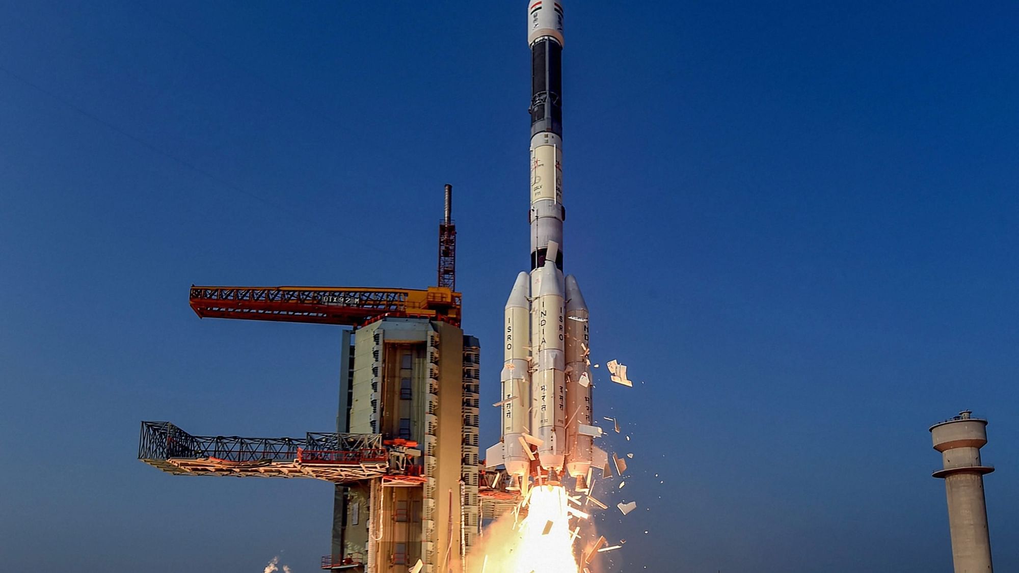  Indian Space Research Organisations (ISRO) communication Satellite GSAT-7A, on board the GSLV-F11, takes off during its launch in Sriharikota.