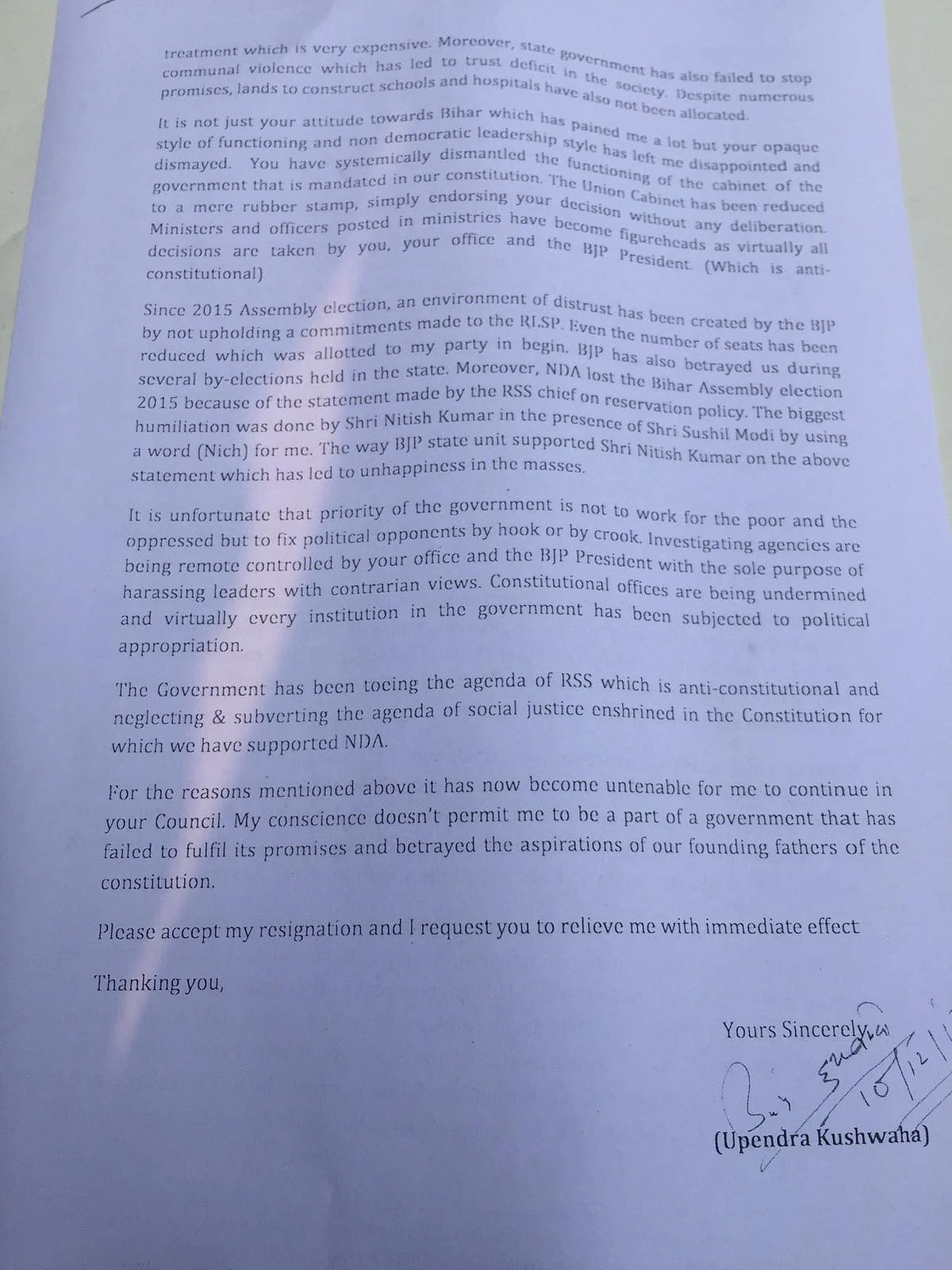Kushwaha’s resignation letter.