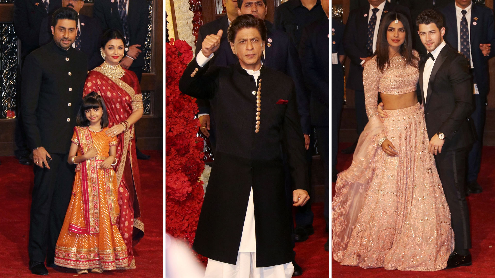 Abhishek, Aishwarya and Aaradhya Bachchan, Shah Rukh Khan, Priyanka Chopra and Nick Jonas at Isha Ambani’s wedding.&nbsp;