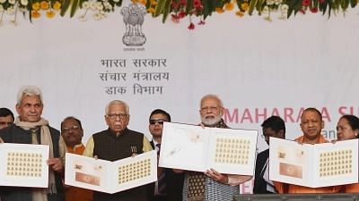 Prime Minister Narendra Modi accompanied by UP Governor Ram Naik, Chief Minister Yogi Adityanath and Union MoS Communications Manoj Sinha, releases the commemorative postal stamp on Maharaja Suheldev at the foundation stone laying ceremony of Medical College in Ghazipur, Uttar Pradesh on 29 December, 2018.&nbsp;