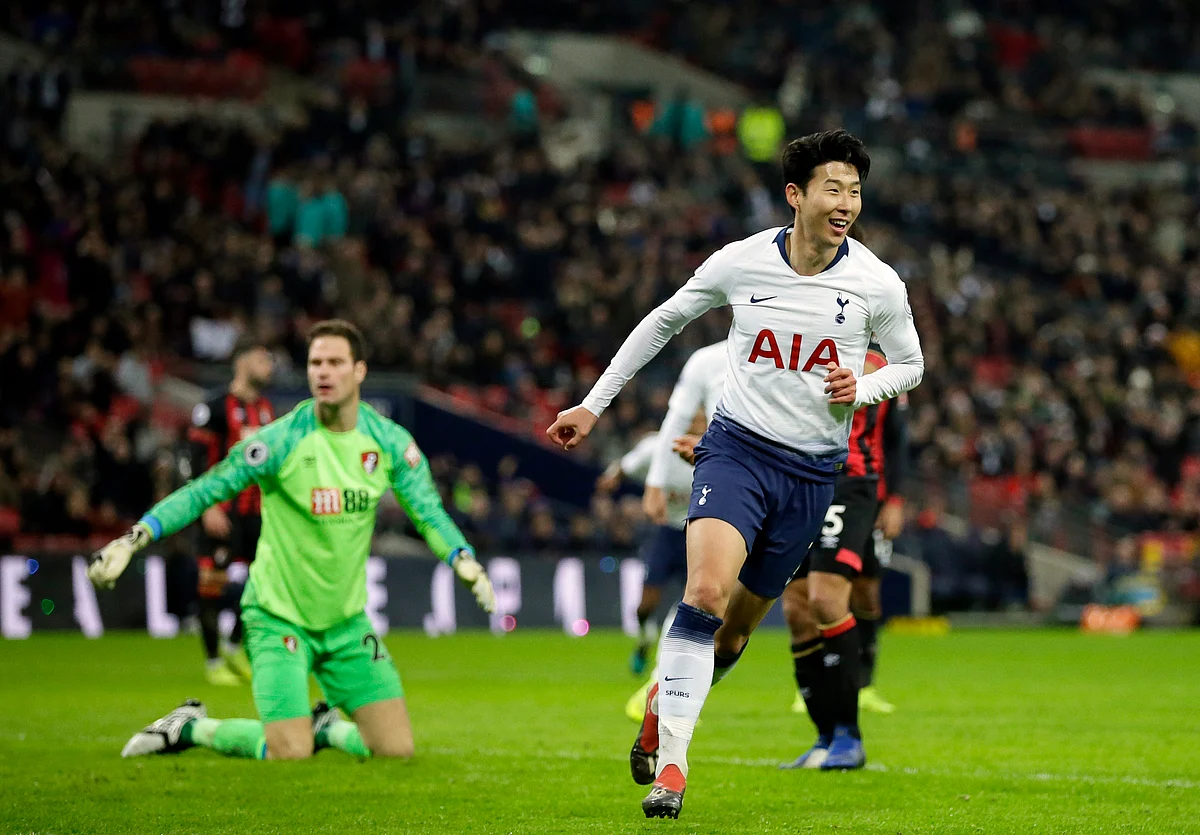 Son Heung-min celebrates after scoring during Tottenham Hotspur’s 5-0 Premier League thrashing of Bournemouth.
