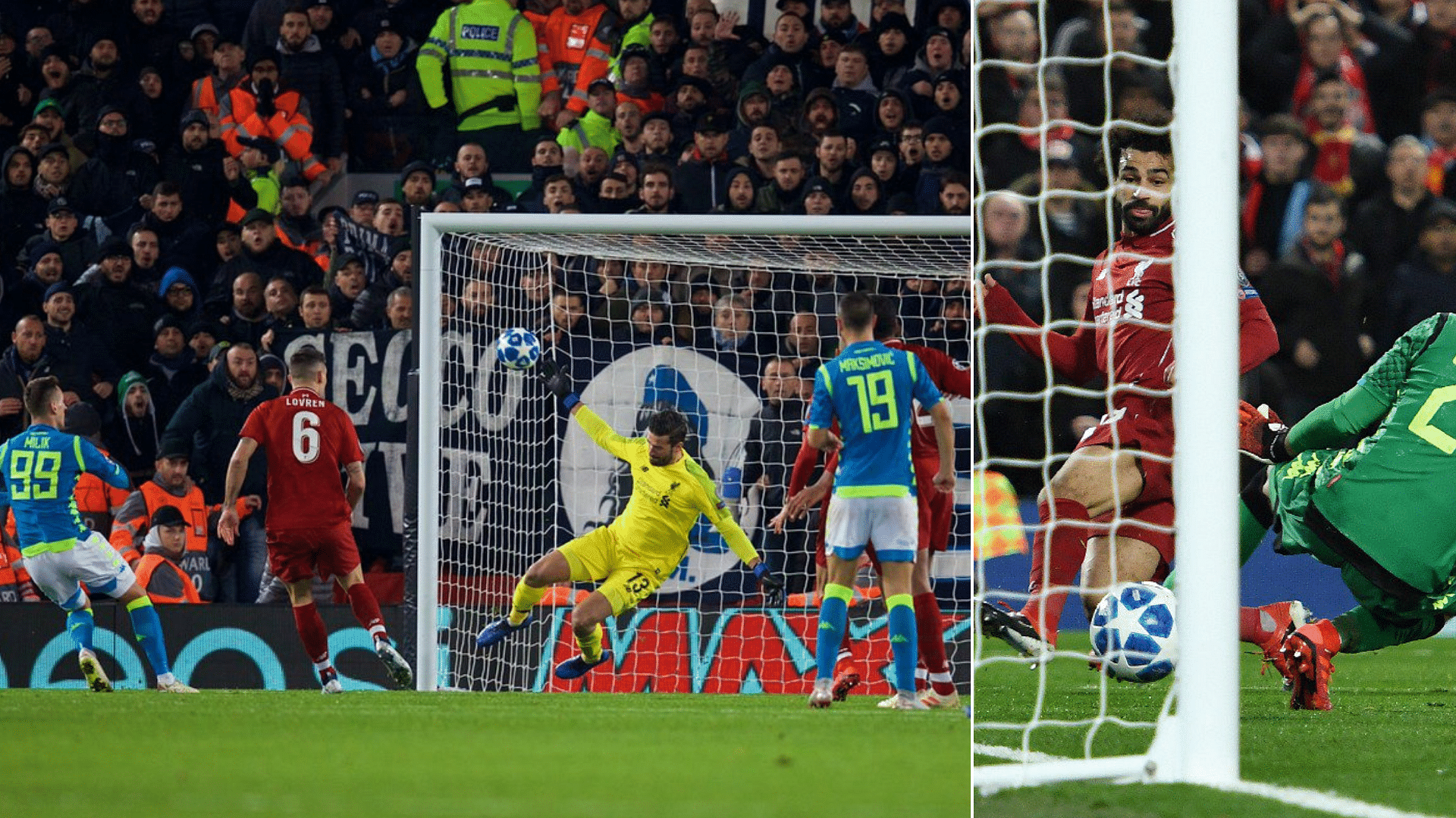 Alisson’s stoppage-time save (left) and Salah’s first-half winner – the defining moments from Liverpool’s win over Napoli at Anfield.