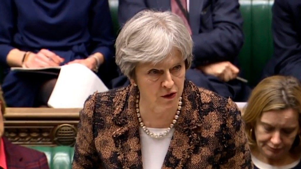 Britain’s Prime Minister Theresa May speaks in the House of Commons in London, Monday, 12 March 2018.