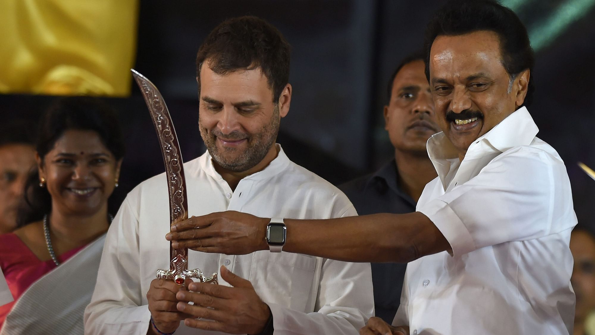 File image of Congress President Rahul Gandhi being presented a sword by DMK President MK Stalin at a public meeting after unveiling a life-size bronze statue of late Chief Minister and DMK President M Karunanidhi at YMCA ground.