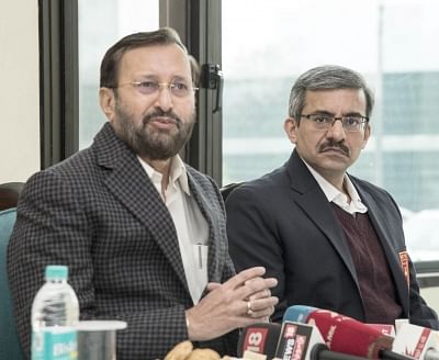 Noida: Union Minister for Human Resource Development Prakash Javadekar addresses after review the preparation of online examinations which are to be conducted by the National Testing Agency across the country, in Noida on Dec 21, 2018. (Photo: IANS/PIB)