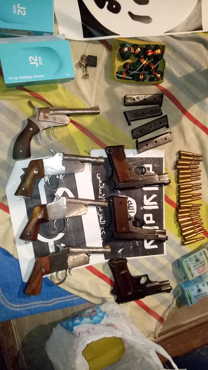 Arms and ammunition seized during NIA raids in connection with a new ISIS-inspired module styled as ‘Harkat ul Harb e Islam’.