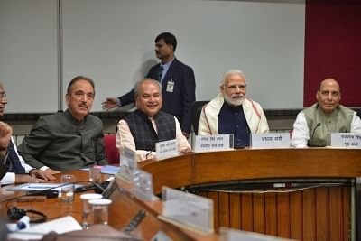 New Delhi: Prime Minister Narendra Modi, Union Ministers Rajnath Singh and Narendra Singh Tomar and Congress MP Ghulam Nabi Azad during an all party meeting ahead of the Winter session of Parliament, in New Delhi on Dec 10, 2018. (Photo: IANS)