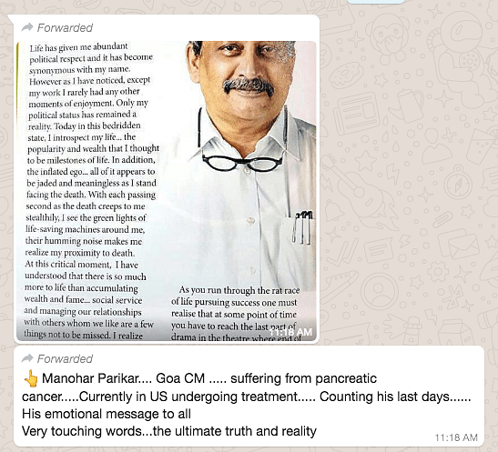 The Goa CMO’s official handle has denied any such letter having been written by Parrikar in the past.