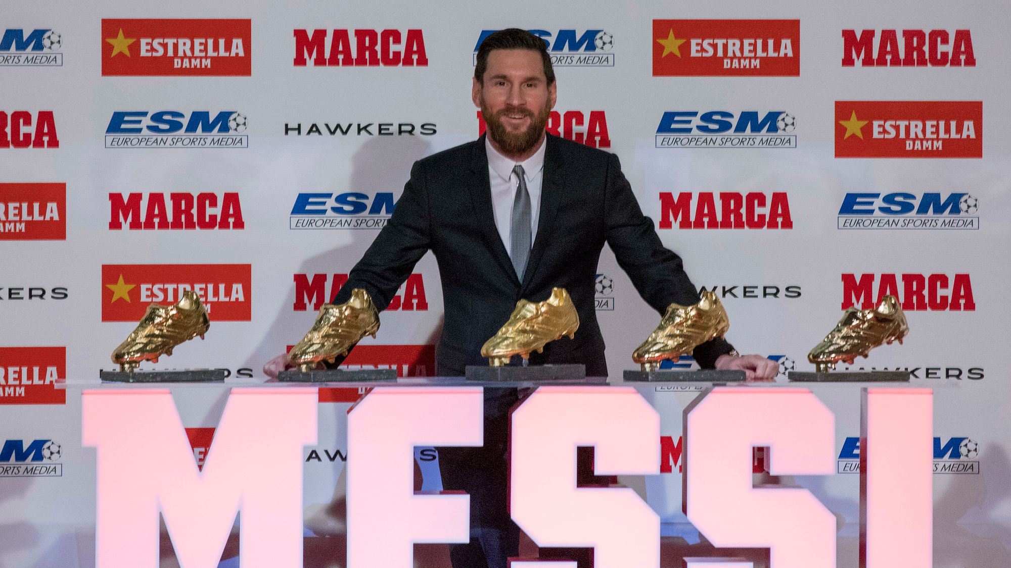 Lionel Messi received his record fifth Golden Shoe award on Tuesday for leading all of Europe’s soccer leagues in scoring last season.