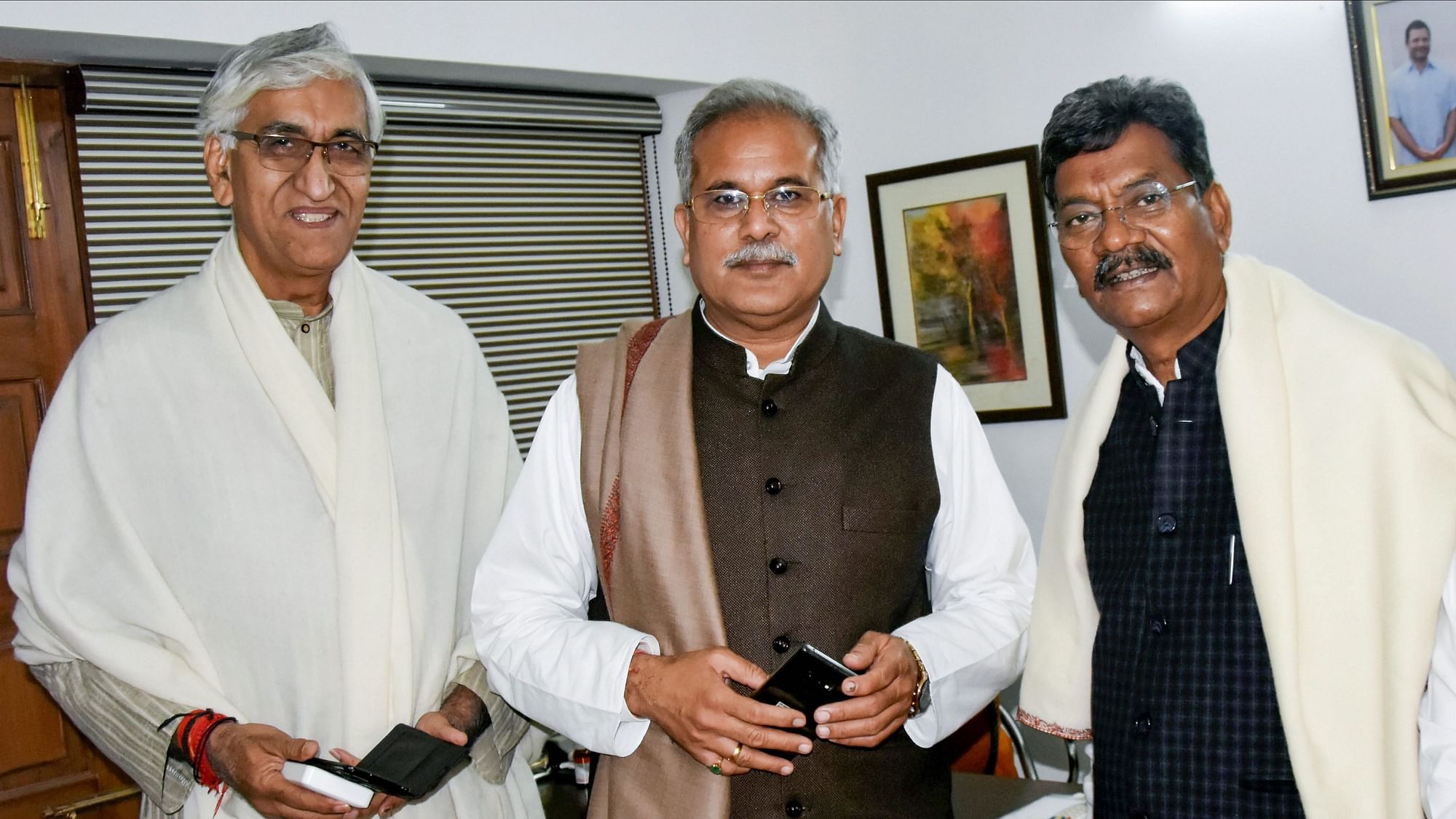 Senior leaders of Congress party’s Chhattisgarh unit, from left, TS Singh Deo, Bhupesh Baghel and Charan Das Mahant in Delhi.